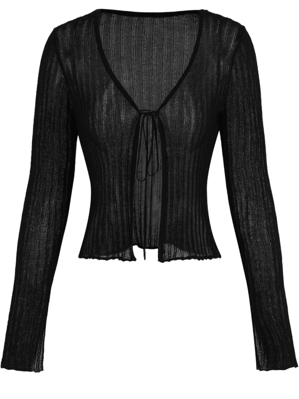 Cider Black Sheer Tie-Front Ribbed Cardigan
